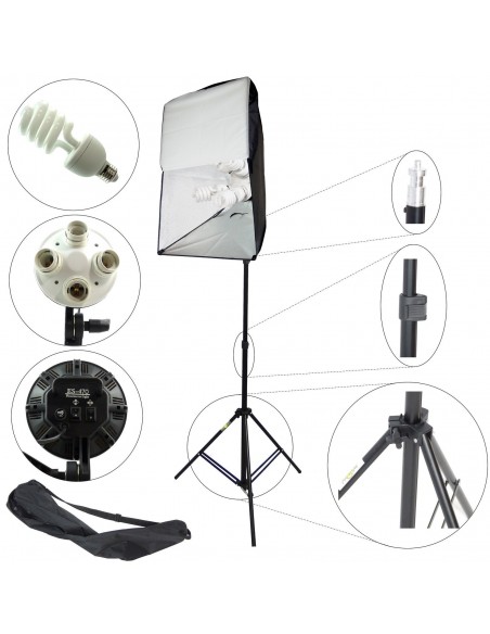 SLH4 Komplet Begynder pakke - Videolys m stativ 280cm, lampehoved, softboks 4 x 125watt lavenergi pærer 13